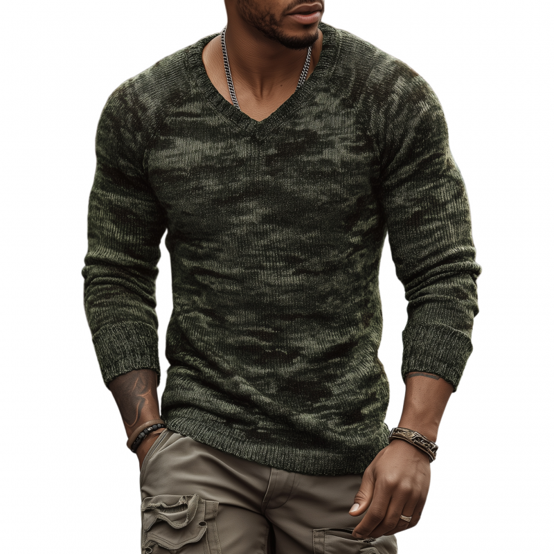 Men's Casual Outdoor Camouflage Jacquard V-neck Slim Fit Pullover Knitted Long-sleeved Sweater MTA0118H6M