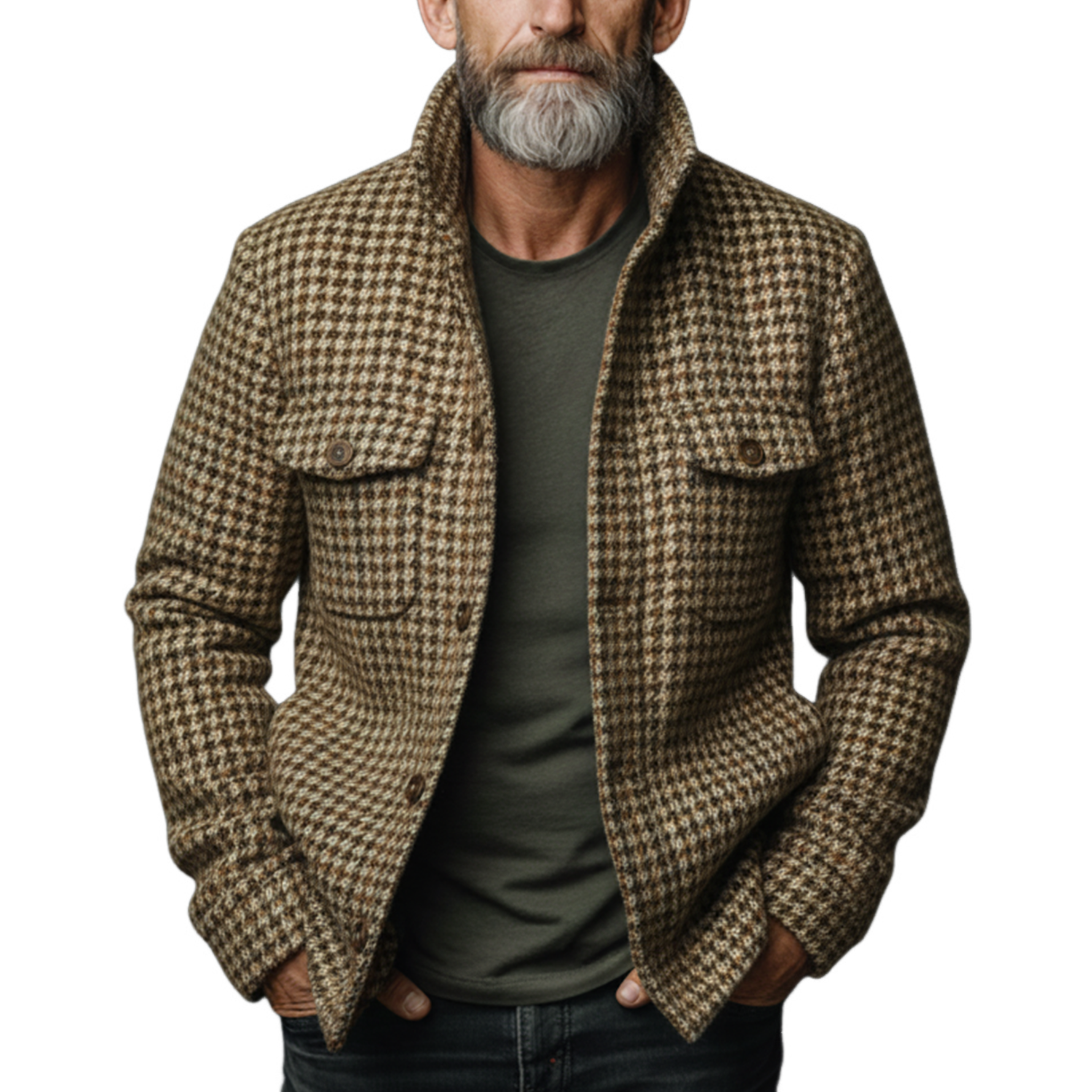 Men's Classic Casual Stand-up Collar Faux Houndstooth Multi-pocket Jacket MTA3087I6K