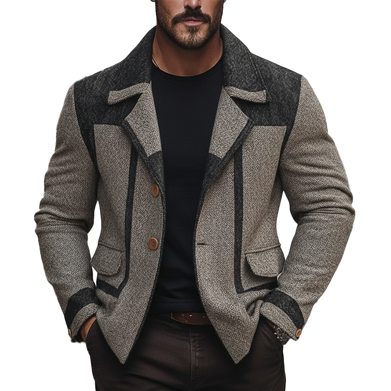 Men's Winter Vintage Herringbone Faux Wool Button-up Jacket MTA1649L9P