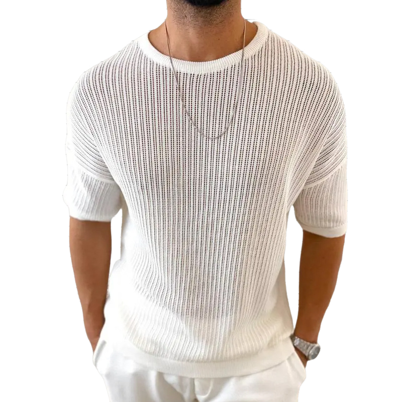 Men's Casual Round Neck Loose Knitted Short Sleeve Sweater 74219373M