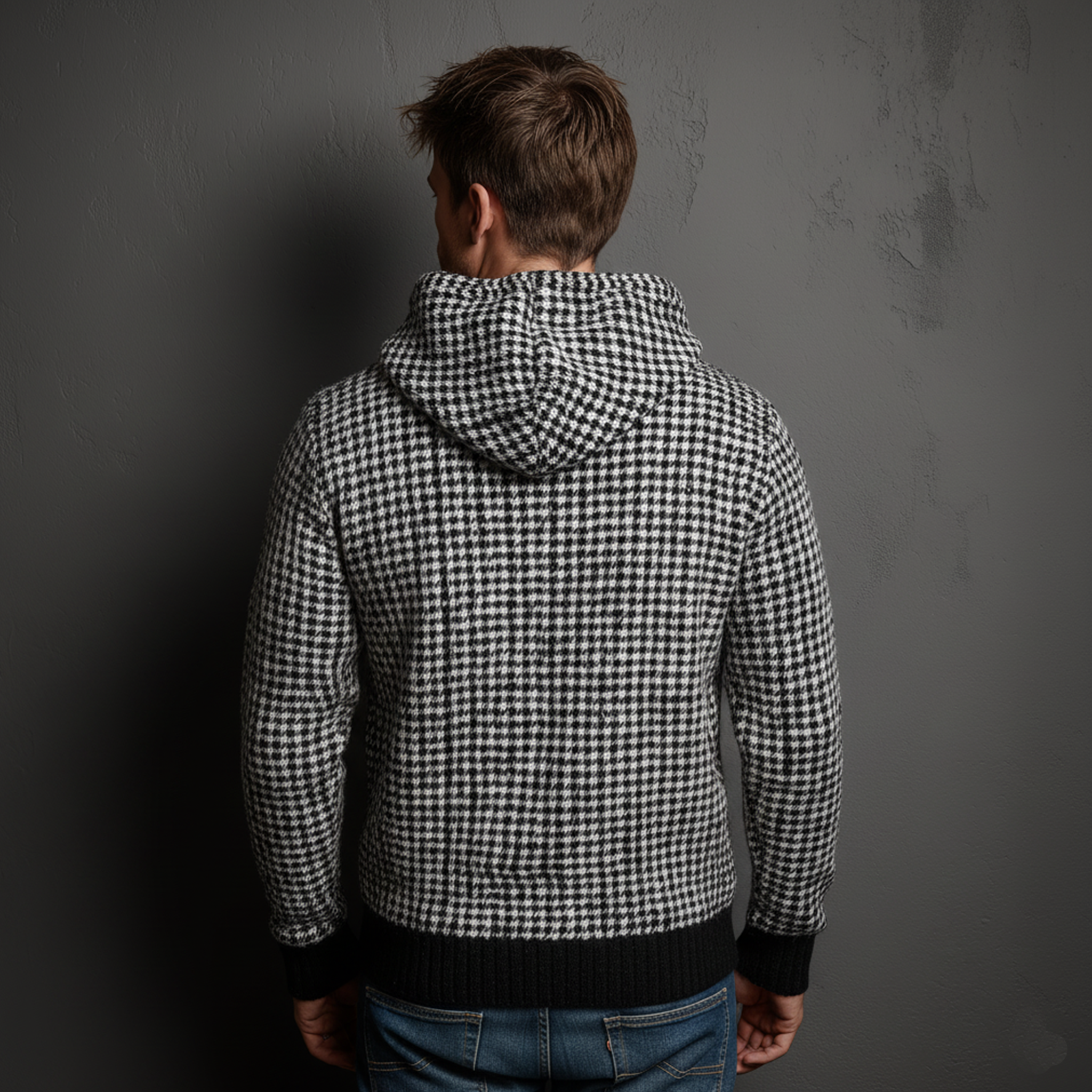 Men's Classic Casual Houndstooth Hooded Loose Sweater MTA1070J8K
