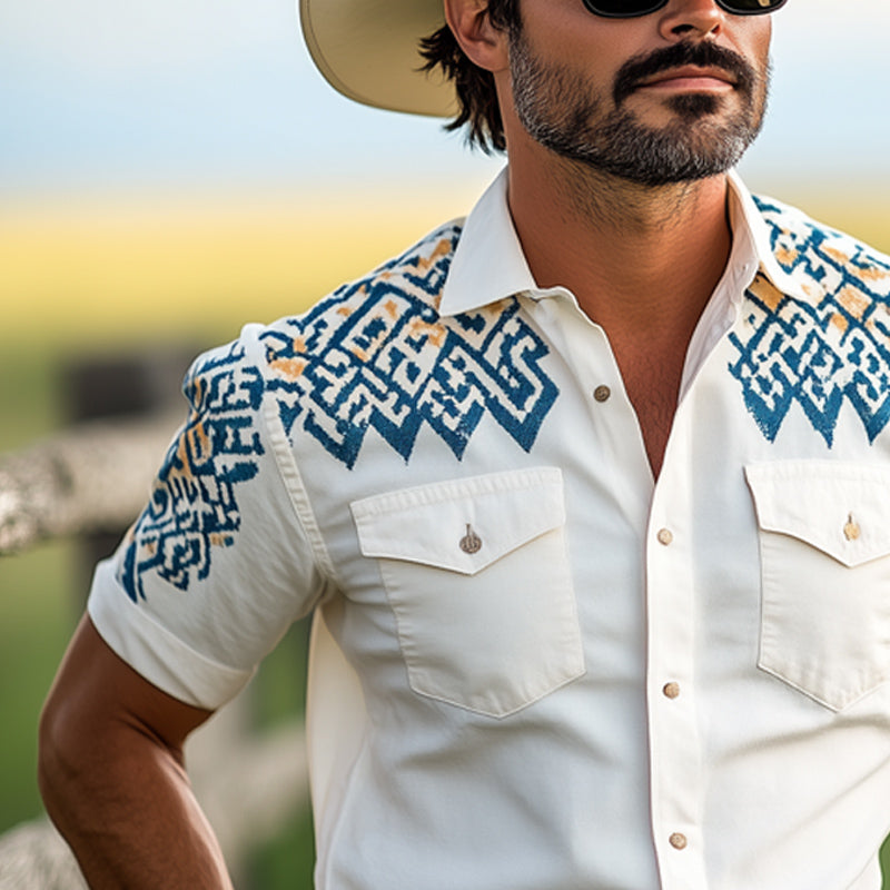 Herreskjorte med kortermet aztekisk trykk i western-cowboystil MTA1238E4U