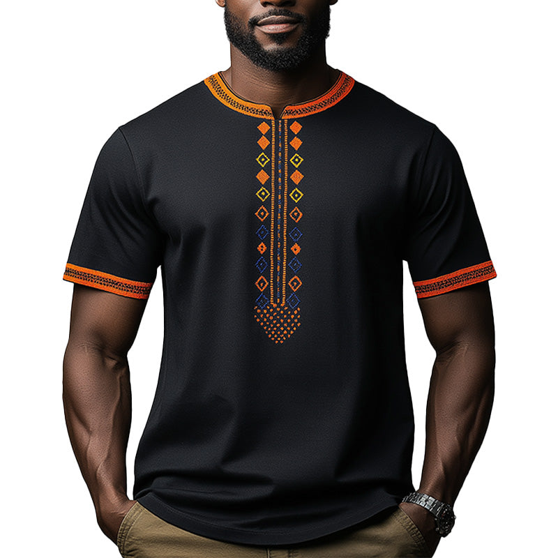 Men's Summer Ethnic Style Contrast Color Embroidery Cotton Blended Short Sleeve T-Shirt MTA2214E9P