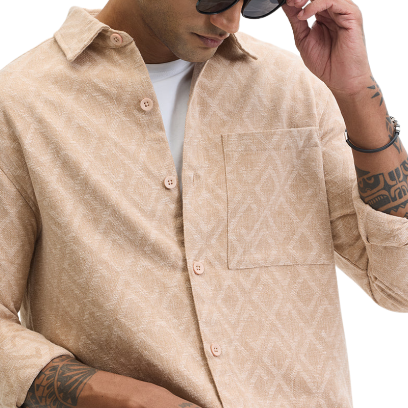 Men's Casual Digital Printed Lapel Long Sleeve Shirt 99398885F