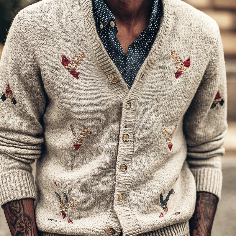 Men's Fashion Geometric Embroidered Single-Breasted Knitted Cardigan MTA1096I4Z