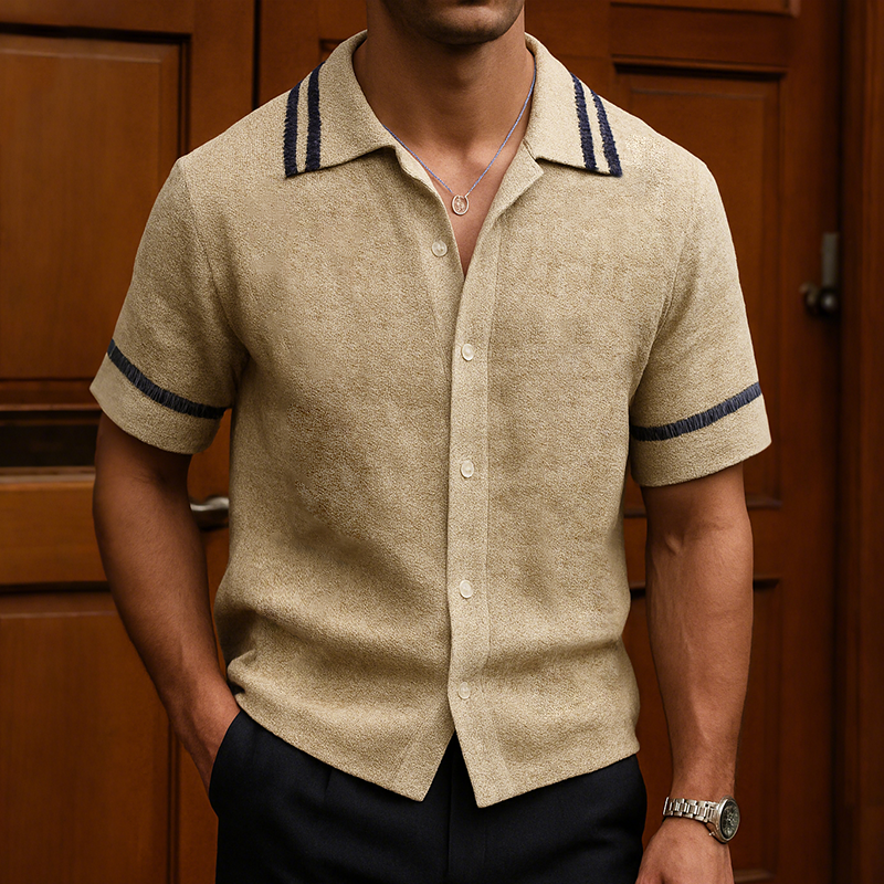 Men's Retro Casual Suede Striped Print Lapel Short Sleeve Shirt MTA2289G8TO