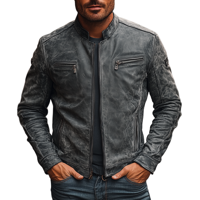 Men's Vintage Distressed PU Zipper Stand Collar Jacket MTA2902H4X