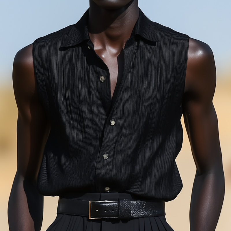 Men's Fashion Solid Color Striped Lapel Loose Sleeveless Shirt MTA2428F3M
