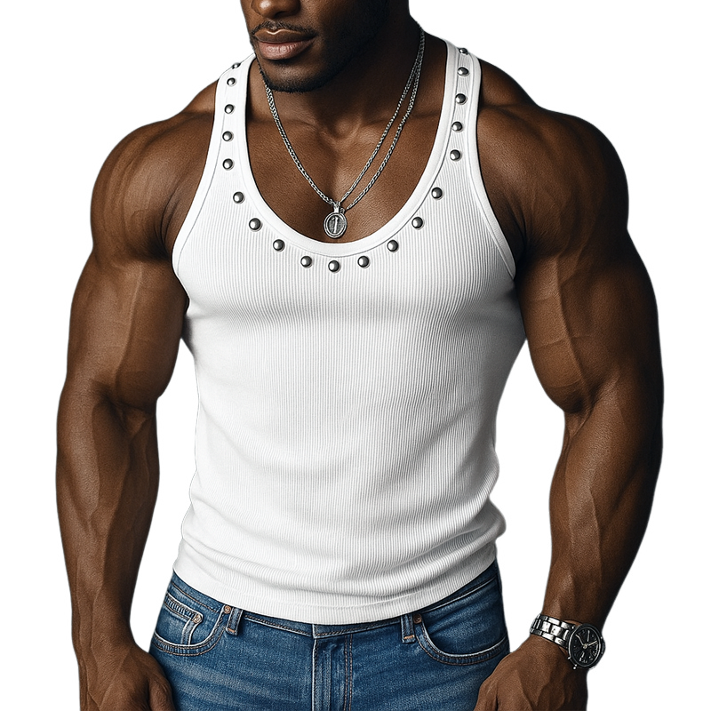 Men's Rivet Solid Striped U Neck Sleeveless Tank Top MTA1845G2Z