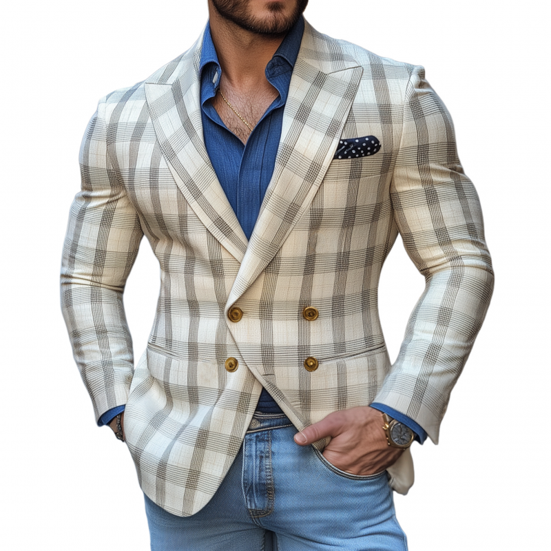 Men's Vintage Elegant Plaid Peaked Lapel Double Breasted Slim Fit Blazer MTA1981G0M