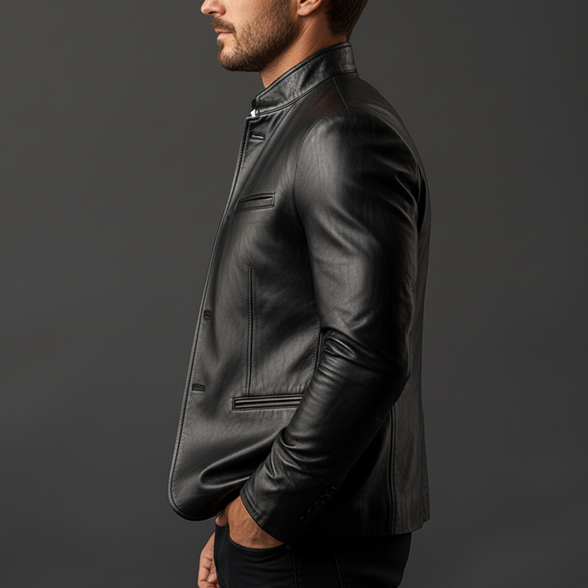 Men's Classic Retro PU Leather Stand Collar Single-breasted Slim Fit Jacket MTA2993K0K