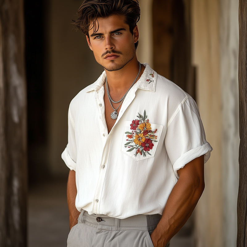 Men's Casual Chiffon Embroidered Short-sleeved Shirt 23772993U