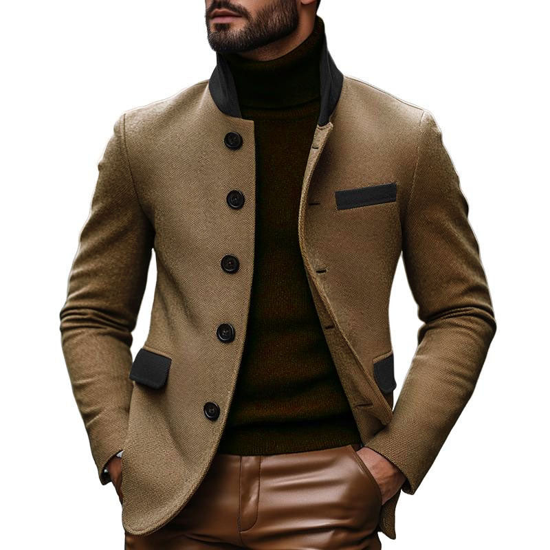 Blazer slim à col montant en laine mélangée à blocs de couleurs vintage pour homme 12526622M