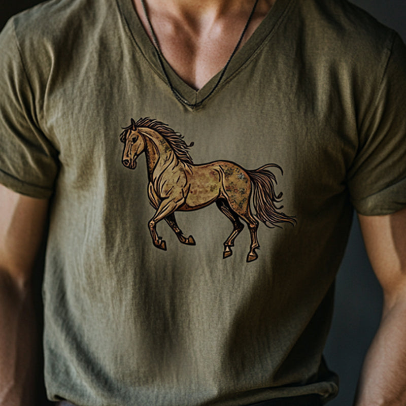 Men's Horse Print V-Neck Short Sleeve T-Shirt 86840741X