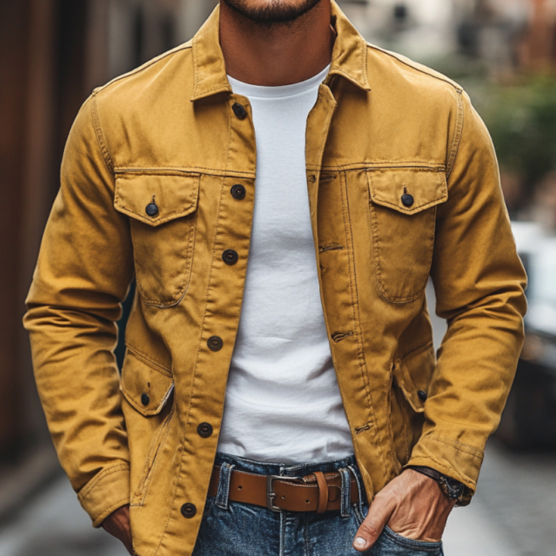 Men's Casual Premium Cotton Washed Lapel Multi-Pocket Single Breasted Work Jacket MTA2562D8M