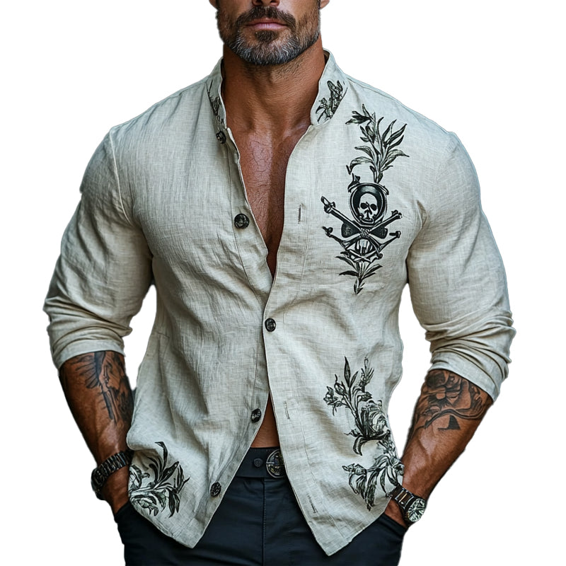 Men's Floral Print Stand Collar Long Sleeve Shirt 47008342X