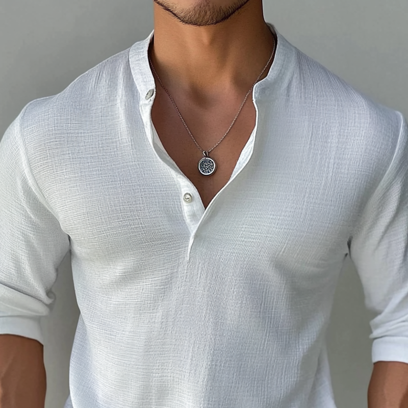 Men's Solid Cotton And Linen Henley Collar Long Sleeve Casual Shirt 05275407Z