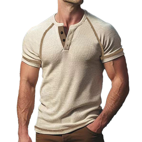 Men's Casual Color Block Henley Collar Raglan Short Sleeve T-Shirt 08121359Y