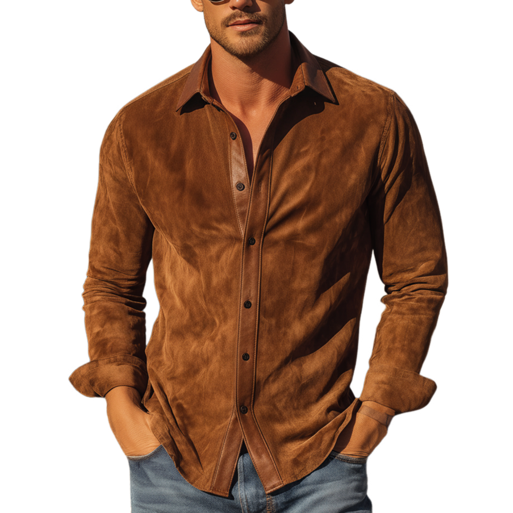 Men's Classic Western Style PU Leather Lapel Slim-fit Faux Suede Long-sleeved Shirt MTA1690L3K