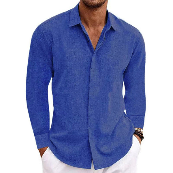 Men's Casual Loose Solid Color Cotton Linen Long Sleeve Shirt 01703150M
