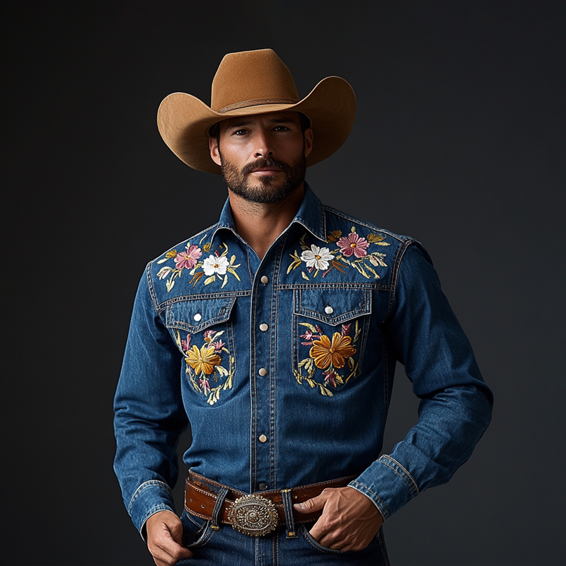 Men's Western Cowboy Style Embroidered Lapel Chest Pocket Long Sleeve Denim Shirt 23822872Z