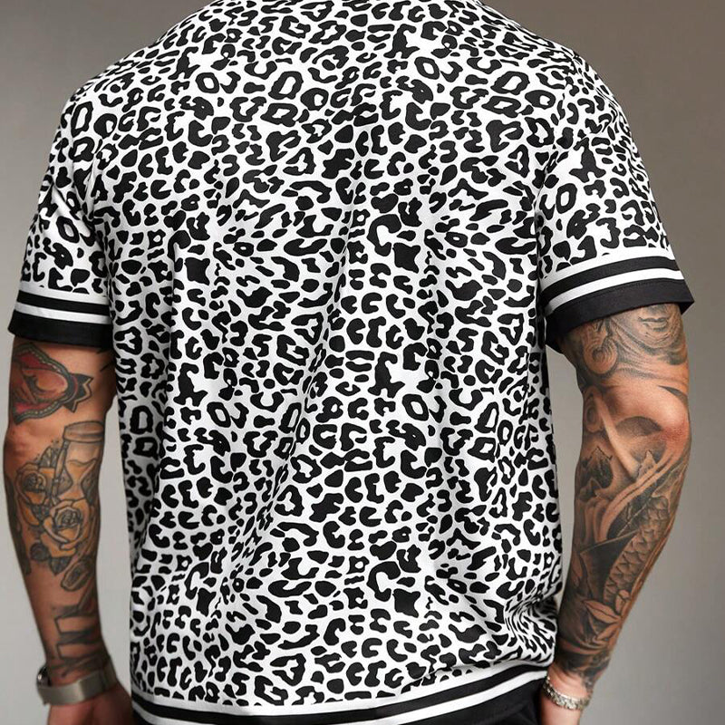 Men's Holiday Leopard Print Lapel Short Sleeve Shirt 78399330X