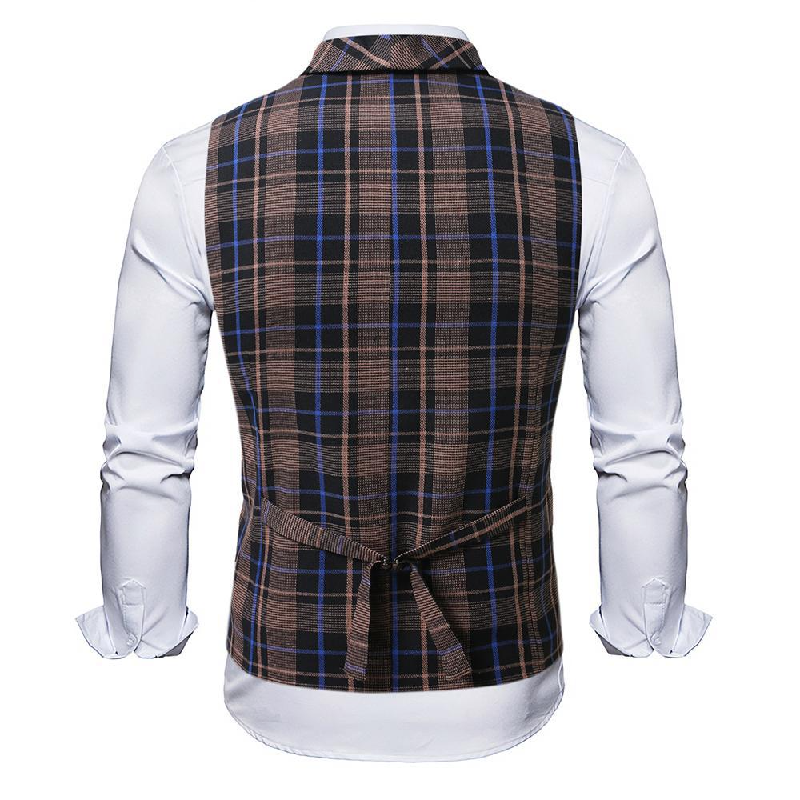 Men's Vintage Checkered Lapel Double-breasted Vest (shirt Not Included) 26293846X