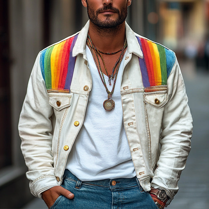 Men's Rainbow Fabric Patchwork White Denim Jacket 13496204U