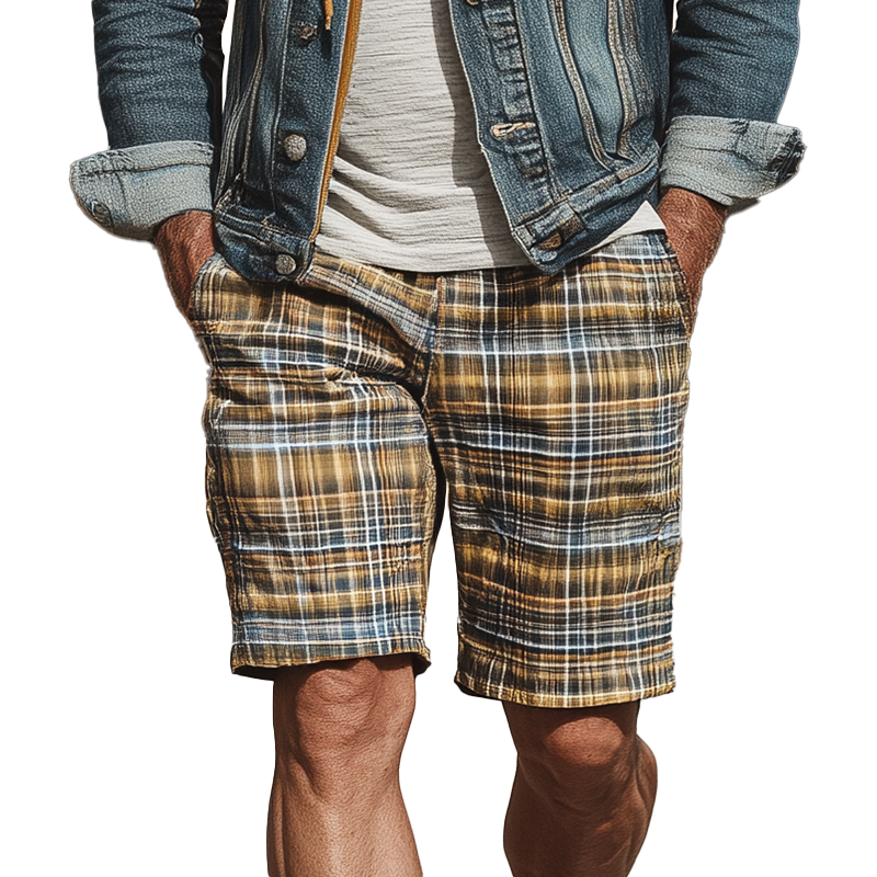 Men's Summer Cotton Blend Fashion Check Print Casual Shorts MTA1461G7P
