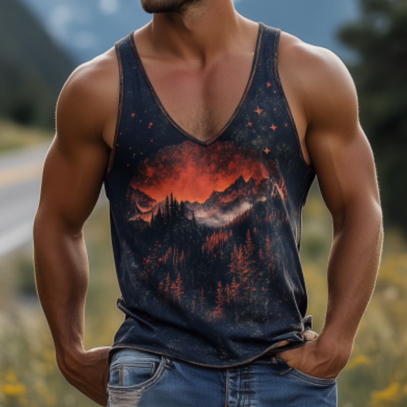 Men's Casual American Retro Yellowstone Park Series Printed Cotton Tank Top 92138881K