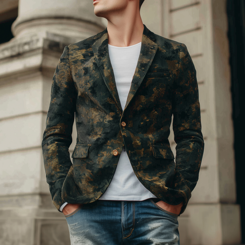 Men's Stylish Vintage Contrast Camouflage Corduroy Notch Lapel Single-breasted Slim-fit Blazer MTA0745H1M