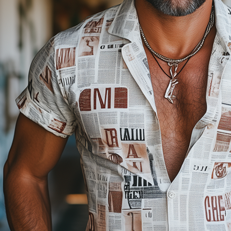 Men's Summer Fashion Newspaper Printed Short Sleeve Shirt MTA1001F0U