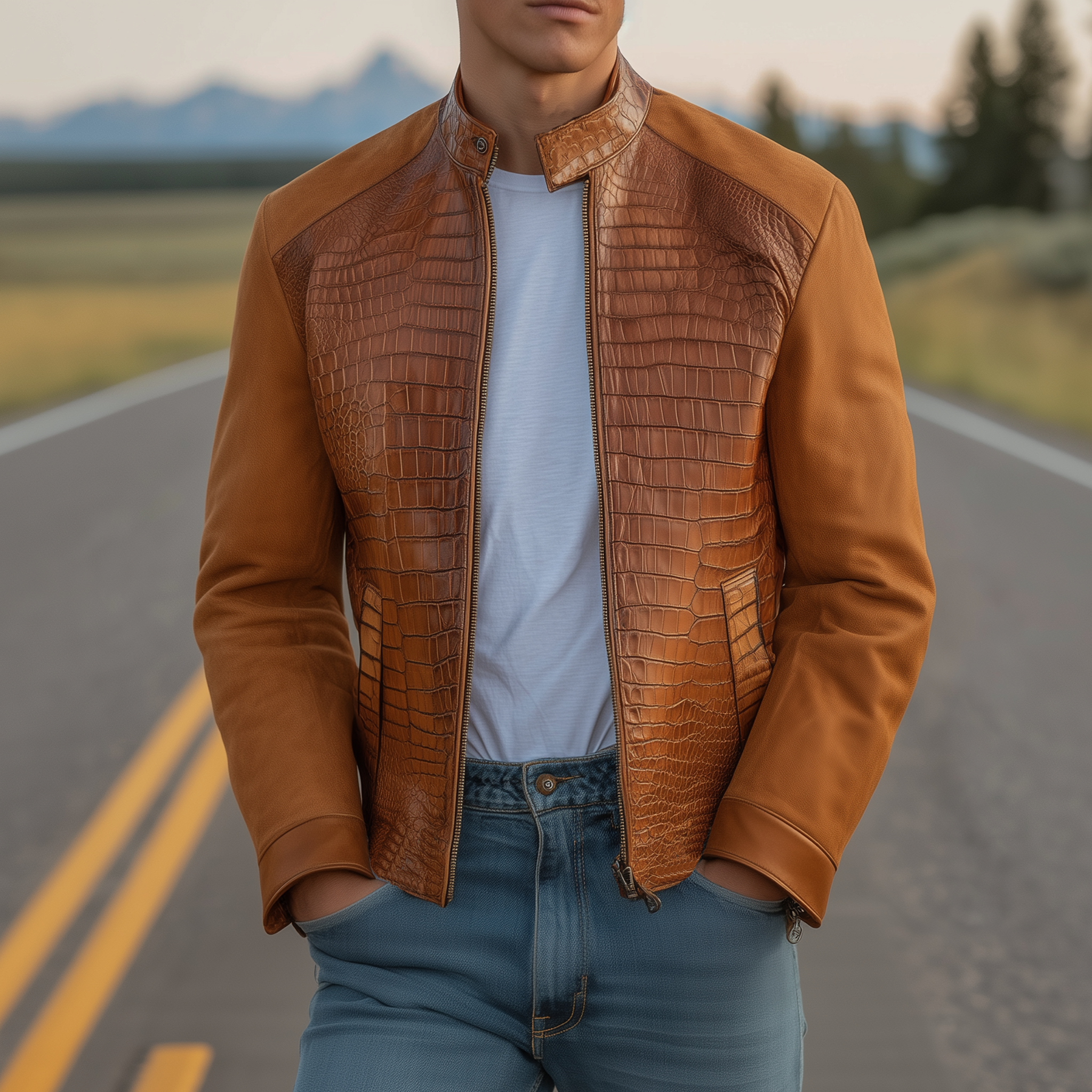 Men's Classic Retro Western Cowboy Style Stand Collar Textured Leather And Suede Zipper Jacket MTA0539H0K