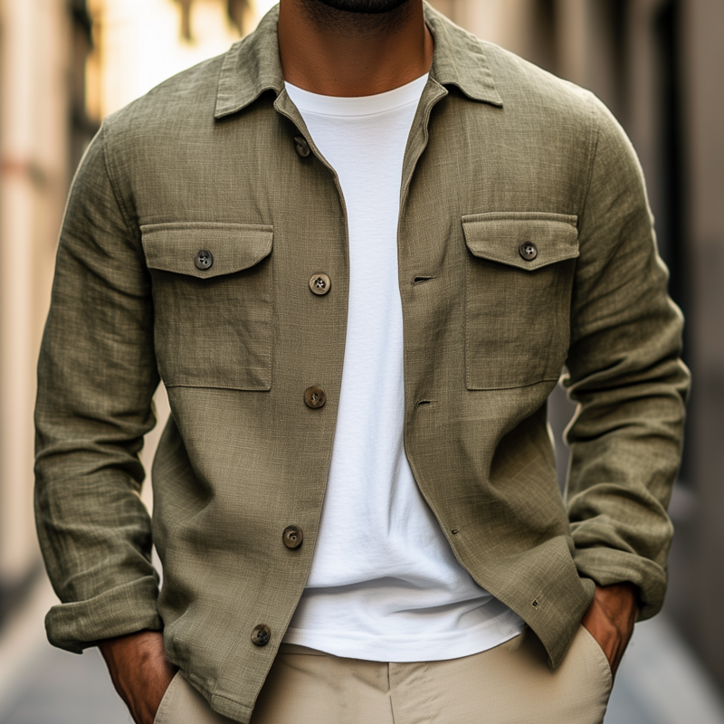 Men's Casual Solid Color Cotton Linen Blend Lapel Flap Chest Pocket Loose Shirt Jacket MTA0656H5M