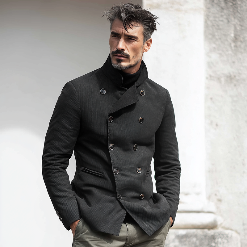 Men's Solid Corduroy Stand Collar Double Breasted Casual Jacket MTA1874H2Z