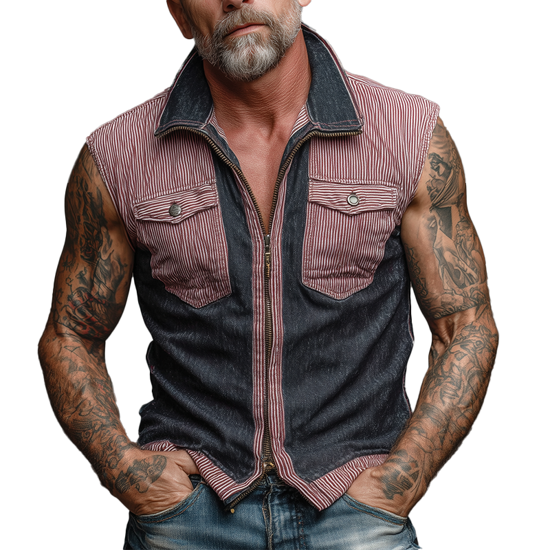 Men's Summer Retro Stitching Sleeveless Zipper Shirt MTA1475G3P