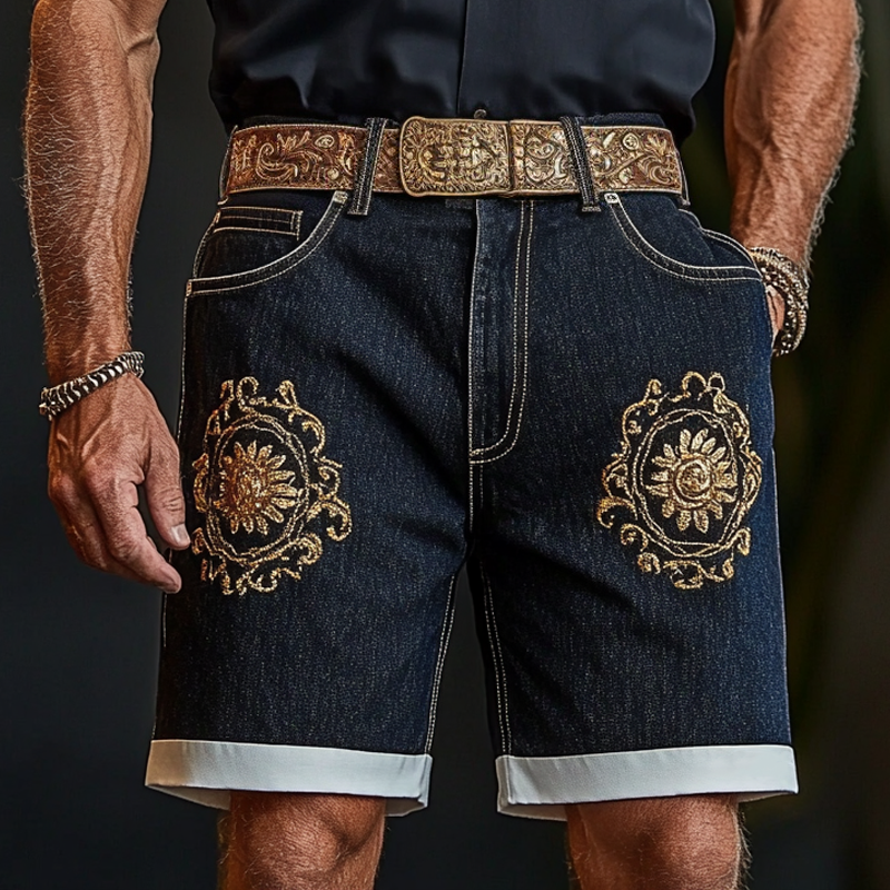 Men'S Fashion Retro Embroidered Straight Denim Shorts MTA0998E2Z