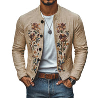 【24-hour shipping out】Men's Casual Linen Embroidered Stand Collar Single Breasted Slim Fit Jacket 48687422M - Light Khaki / S