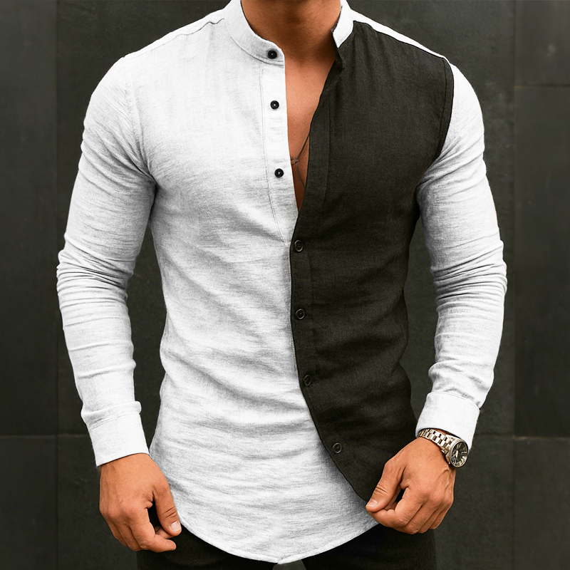 Men's Retro Casual Cotton And Linen Colorblock Stand Collar Long Sleeve Shirt MTA2835G7TO
