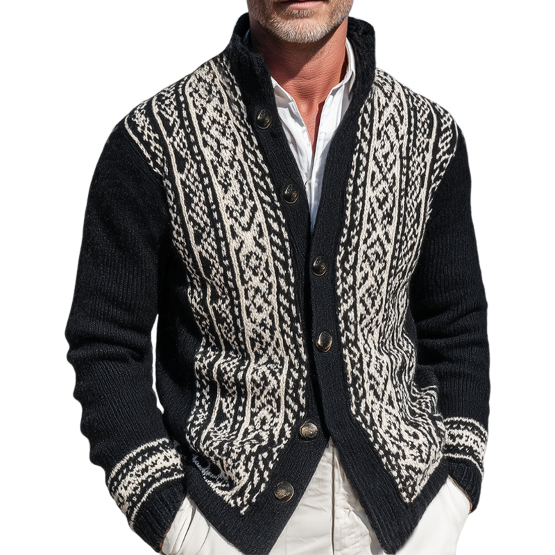 Men's Classic Stand Collar Colorblock Jacquard Button Knit Cardigan MTA1066I7U