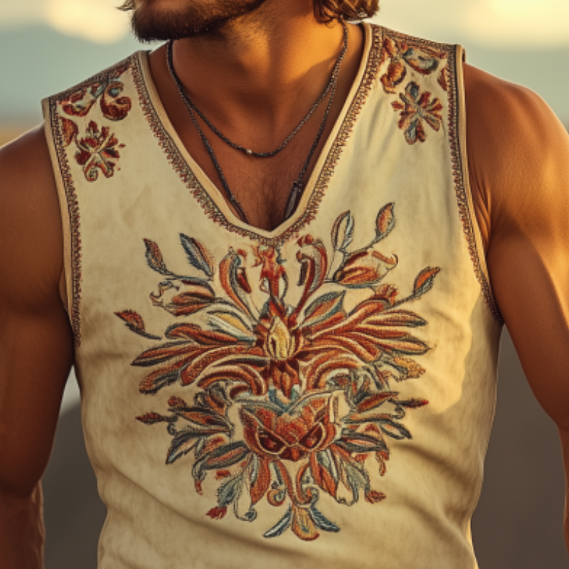 Men's Classic American Western Cowboy Style Slim Fit Suede Embroidery Heavy V-neck Tank Top 62381094K