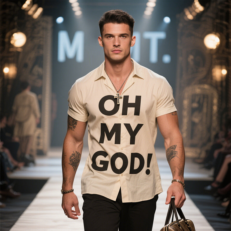Men's Retro Casual OH MY GOD! Printed Lapel Short Sleeve Shirt MTA2906E0TO