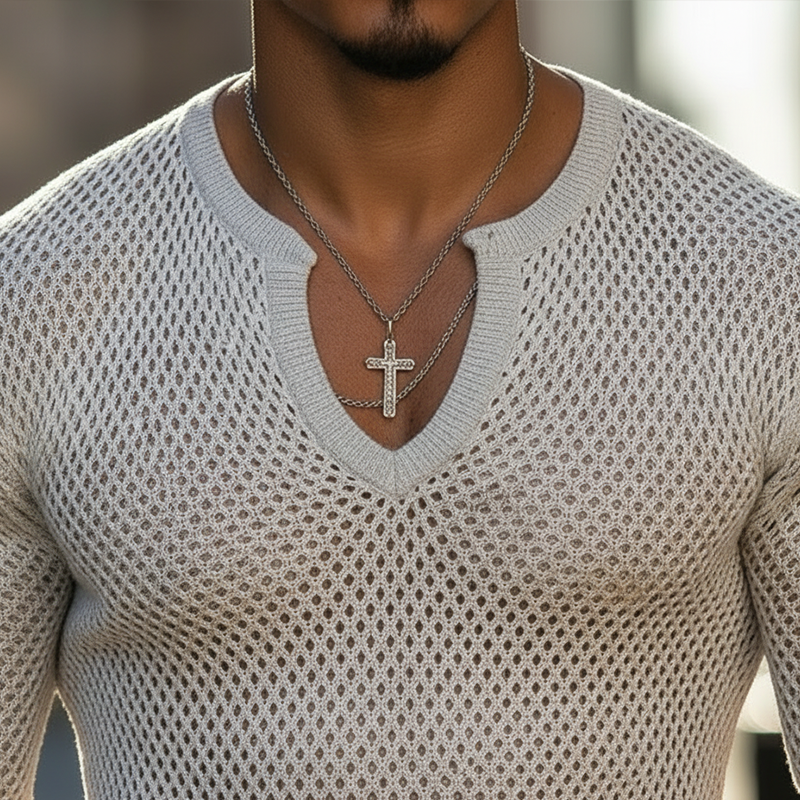 Men's Spring Fashion Hollow-Out Cotton Yarn Knitted V-Neck Slim-Fit T-Shirt MTZ0893A3P