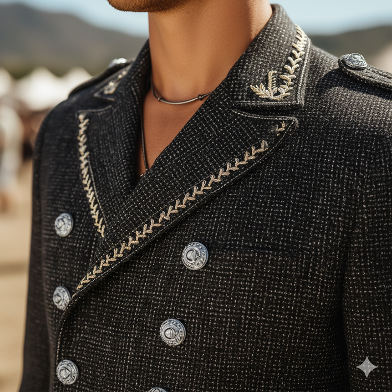 Men's Winter Fashion Simple Embroidered Tweed Double Breasted Military Jacket MTA2842I2P