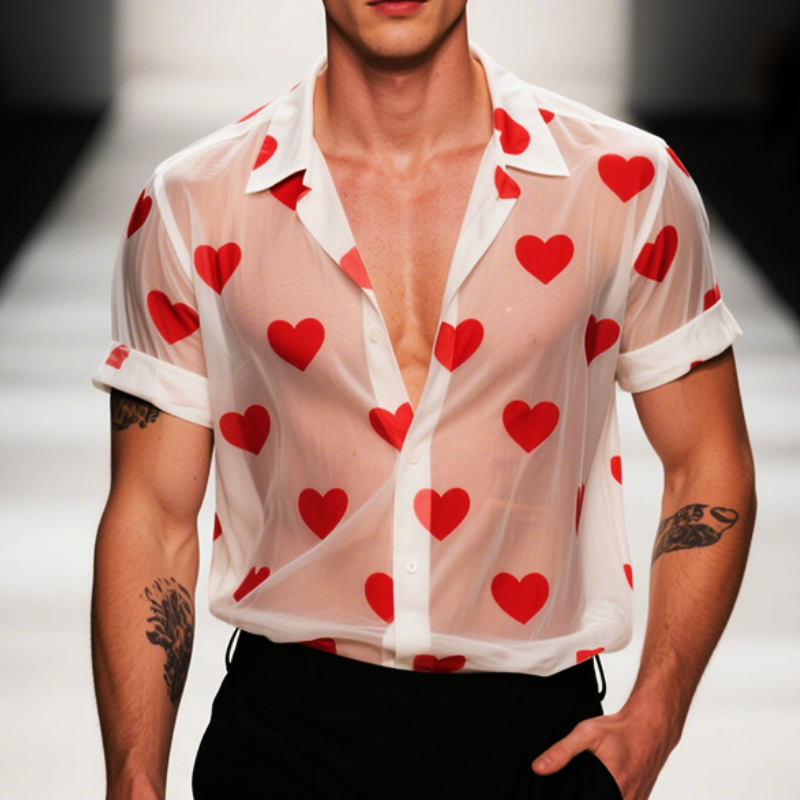 Men's Retro Casual Heart Printed Mesh Lapel Short Sleeve Shirt MTA2338E6TO