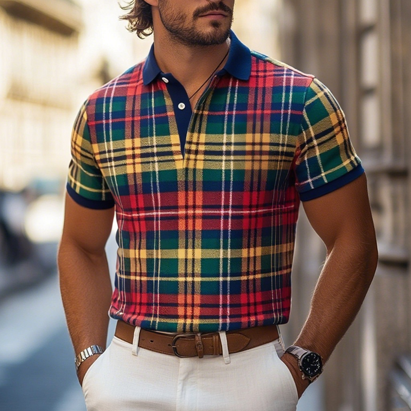 Men's Plaid Lapel Short Sleeve Polo Shirt MTA1325F8Z