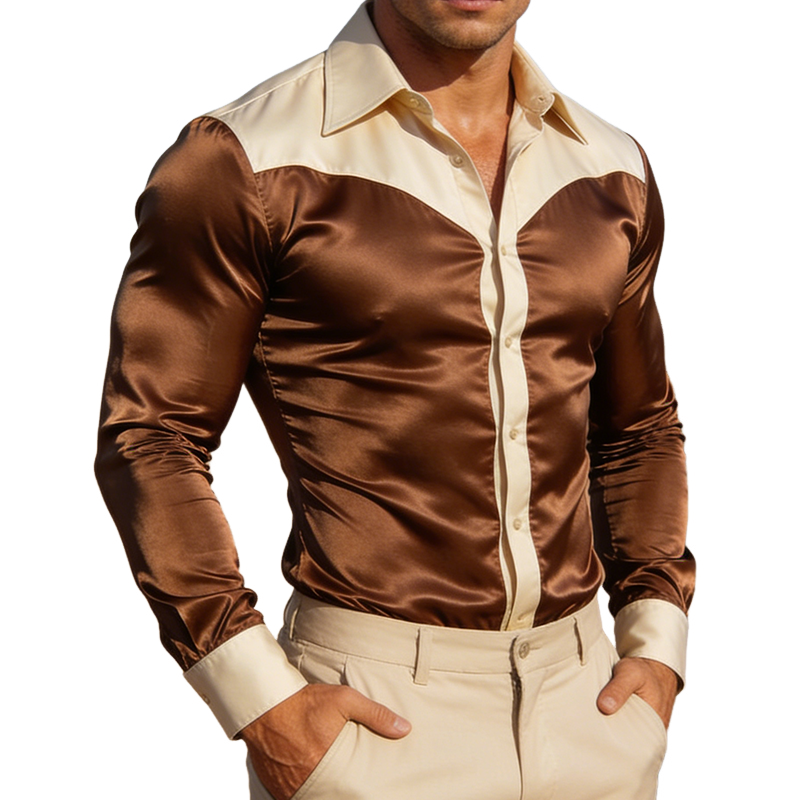 Men's Retro Casual Satin Color Block Lapel Long-Sleeve Shirt MTZ1228A3TO