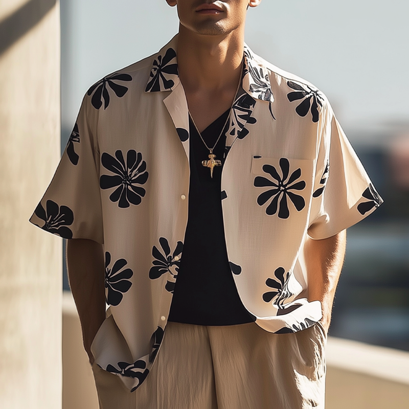 Men's Summer Casual Printed Loose Short Sleeve Shirt MTA0960F0U