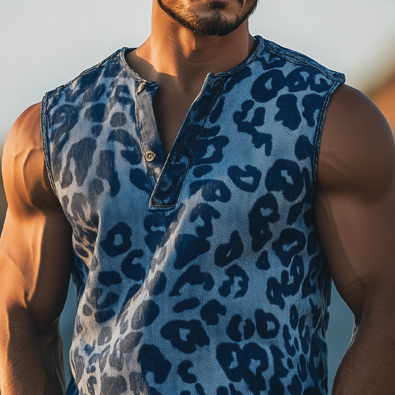 Herre Klassisk trendy retro western cowboy-stil leopard jacquard denim henley-krage tanktopp MTA0839E2K