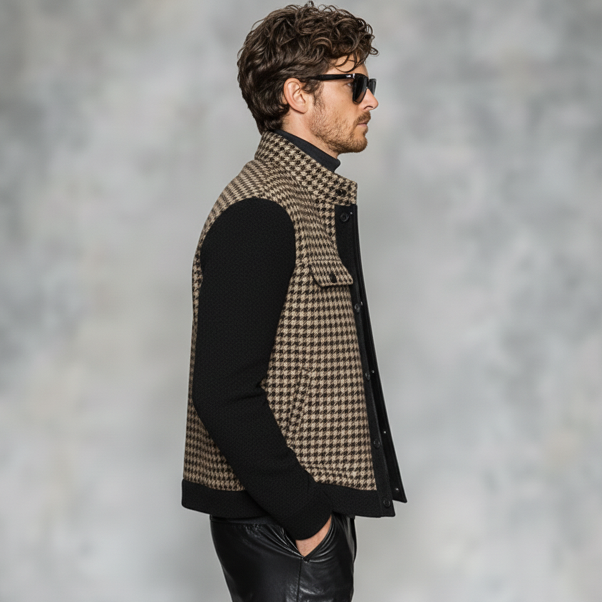 Men's Classic Casual Stand-up Collar Faux Houndstooth Patchwork Black Wool Jacket MTA0561K2K
